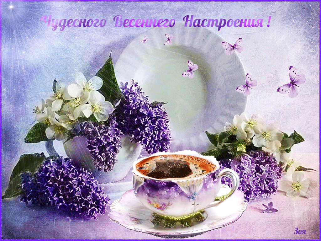 Открытка С сиренью - Открытка: фиалки, белые цветы, чашка чая | Красивая открытка #272