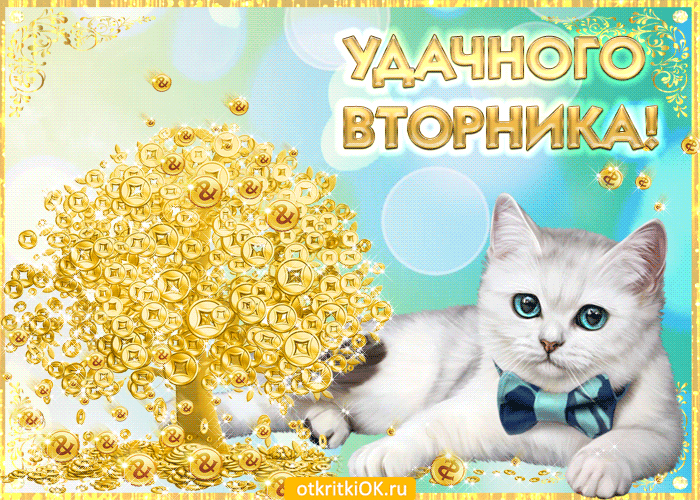 Открытка Открытки на вторник - Открытка с котенком и золотыми монетами | Красивая открытка #9