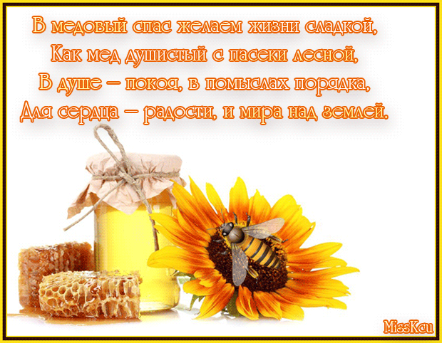 Открытка Медовый спас - Соты, мёд и подсолнух: открытка с пчелкой | Красивая открытка #303