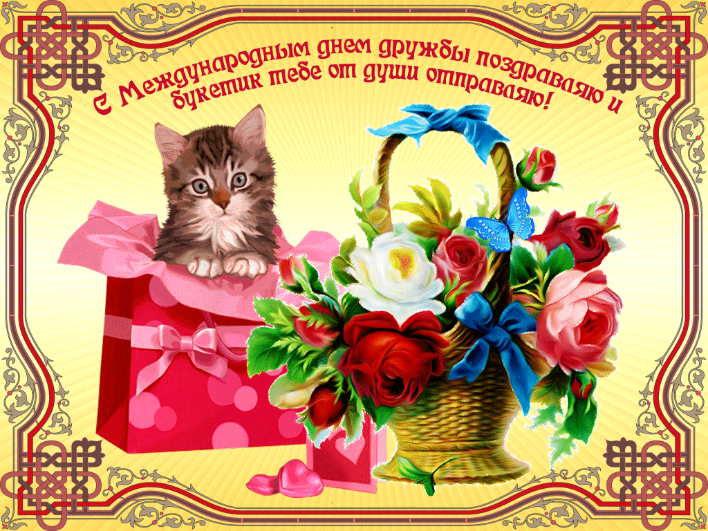Открытка День дружбы - Открытка: Кот, цветы и подарок | Красивая открытка #2
