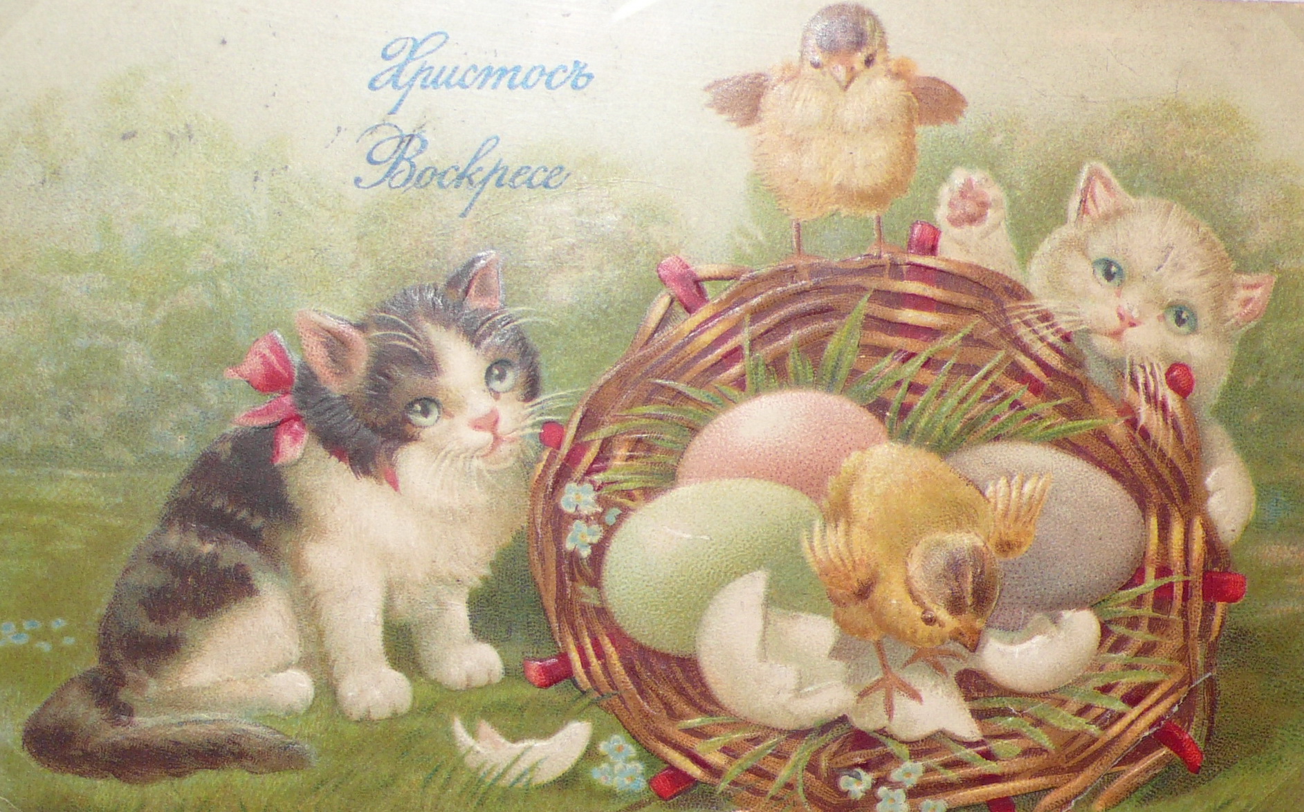 Открытка открытки на пасху  - Открытка с пасхальными яйцами, цыпленком и котятами | Красивая открытка #19