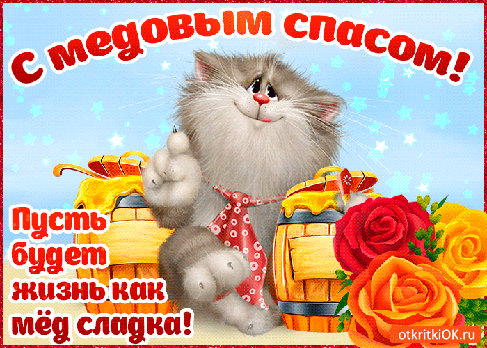 Открытка Медовый спас - Открытка с милым котенком и цветами | Красивая открытка #237