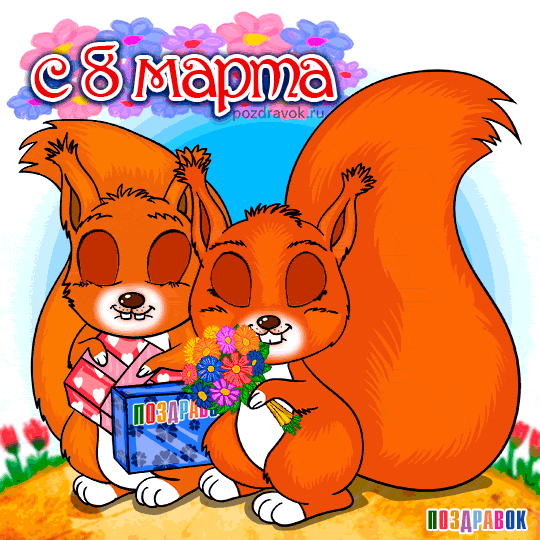 Открытка открытки на 8 марта - Открытка с белками и цветами поздравит с 8 марта | Красивая открытка #31