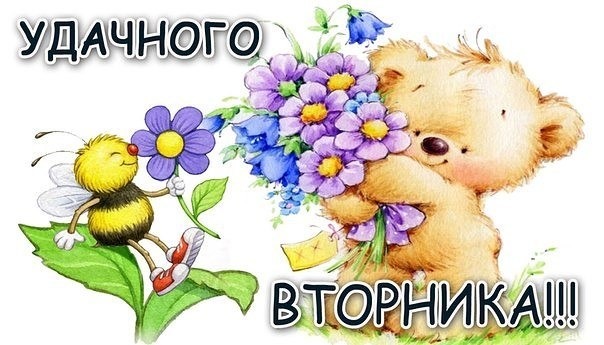 Открытка Открытки на вторник - Открытка с мишкой и пчелкой с цветами | Красивая открытка #119
