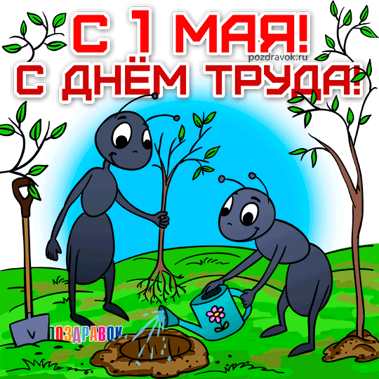 Открытка 1 мая - Открытка с муравьями сажают дерево. Поздравительная картинка | Красивая открытка #330