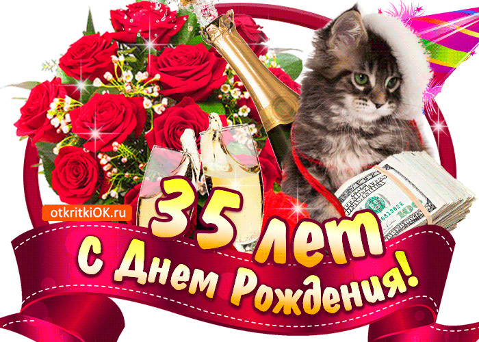 Открытка Открытки на 35 лет - С Днём Рождения: цветы, деньги, кот! Открытка | Красивая открытка #99