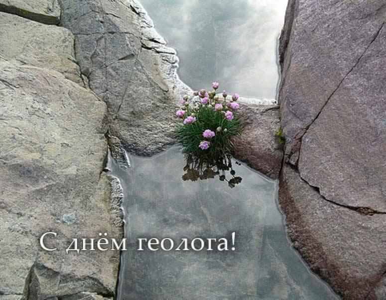 Открытка Открытки с днем геолога - Горное ущелье с ручьём и цветами. Геологическое образование. | Красивая открытка #49