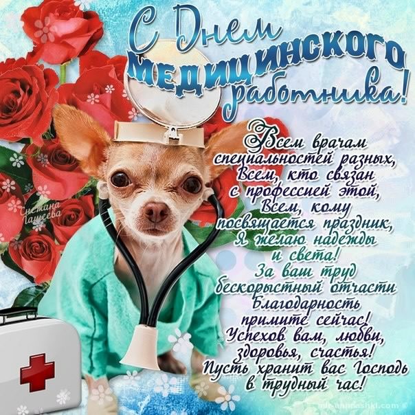 Открытка Открытки с днем медицинского работника - Открытка с поздравлением медсестре: цветы, собака, радость | Красивая открытка #100