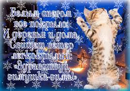 Открытка открытки с первым днем зимы  - Открытка с котенком на фоне снега и фонарей | Красивая открытка #29