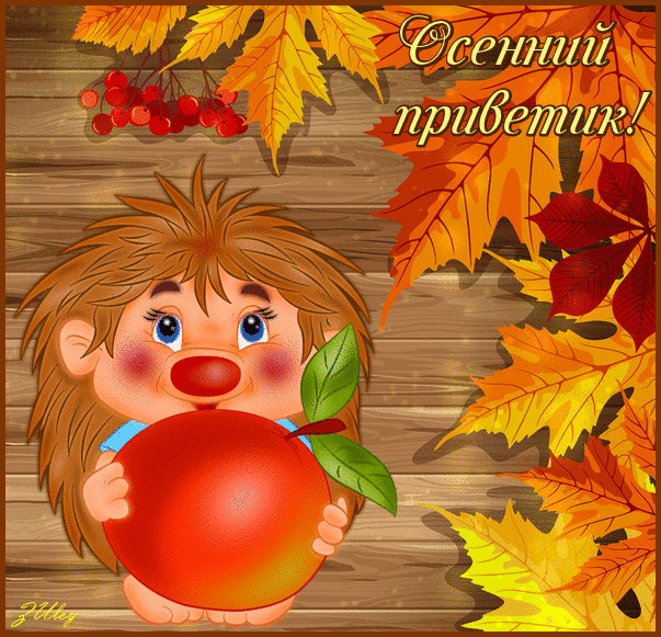 Открытка Осенний приветик - Ежик с яблоком: открытка с осенними листьями | Красивая открытка #49