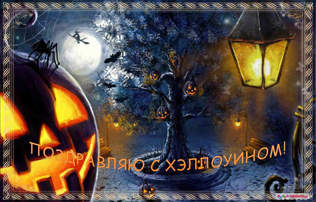 Открытка Открытки с Хэллоуином - Открытка на Хэллоуин: Тыквы, деревья, вороны | Красивая открытка #72