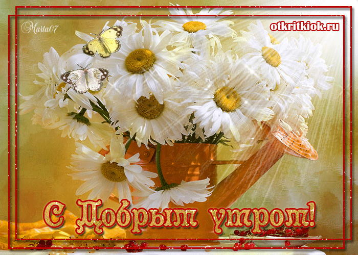 Открытка Доброе утро анимация - Открытка: Полевые цветы в вазе, бабочки. С добрым утром! | Красивая открытка #18