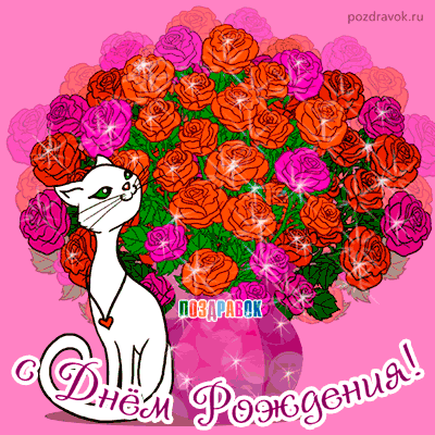 Открытка С днем рождения для коллеги - Открытка с белым котенком и розами | Красивая открытка #30