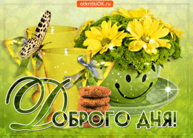 Открытка добрый день - Открытка с чашкой, цветами и бабочками | Красивая открытка #27