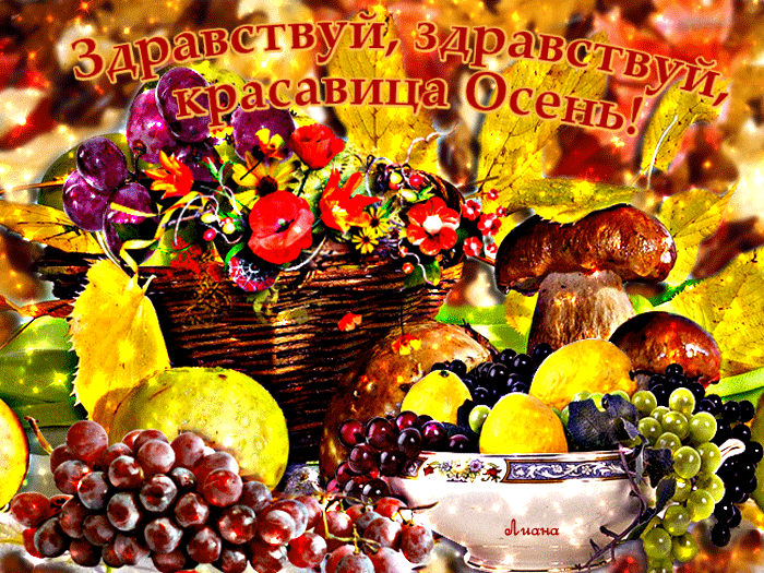Открытка Первый день осени - Открытка с осенним урожаем: яблоки, груши, виноград, грибы | Красивая открытка #125