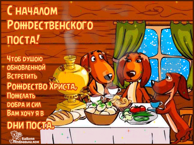 Открытка Открытки на Рождественский пост - Открытка с собаками за праздничным столом | Красивая открытка #3