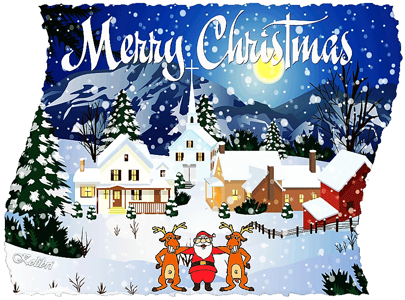 Открытка Merry Christmas - Санта Клаус и олени. Зимний пейзаж. | Красивая открытка #3