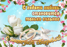 Открытка 65 лет - железная свадьба - Свадебная открытка: голуби, кольца, цветы | Красивая открытка #7