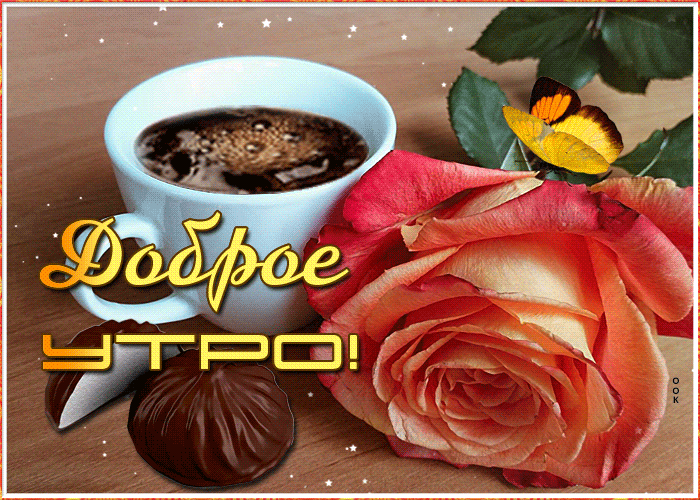 Открытка Доброе утро анимация - Открытка: Доброе Утро! Цветы, кофе, бабочка | Красивая открытка #11