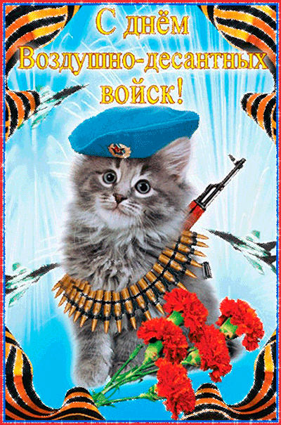Открытка День ВДВ - Котенок в военной форме с оружием: открытка для Дня ВДВ | Красивая открытка #61