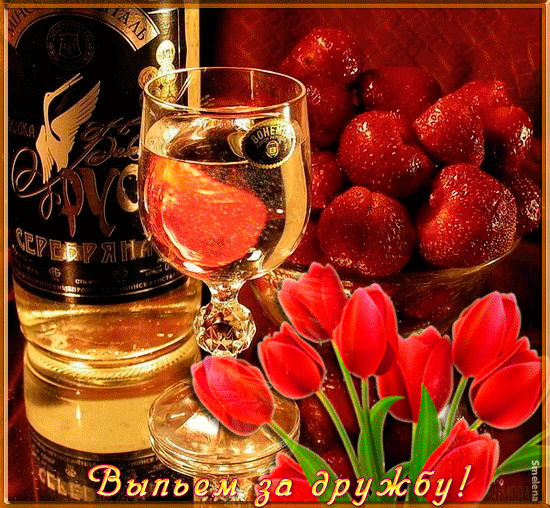 Открытка Открытки о дружбе - Открытка с вином, тюльпанами и ягодами | Красивая открытка #201