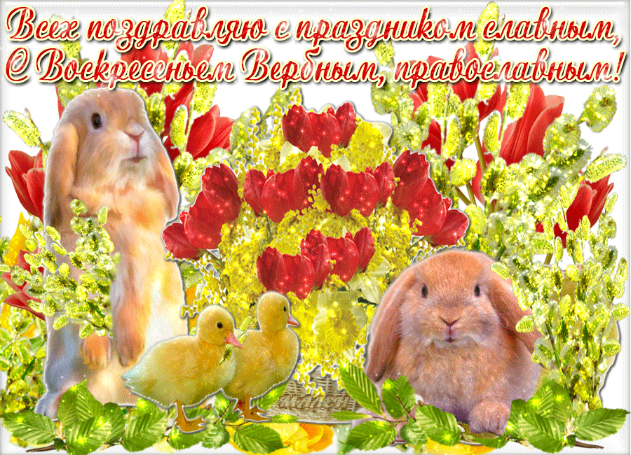 Открытка С вербным воскресеньем - Уточка и зайчик: Праздничная открытка с цветами | Красивая открытка #203