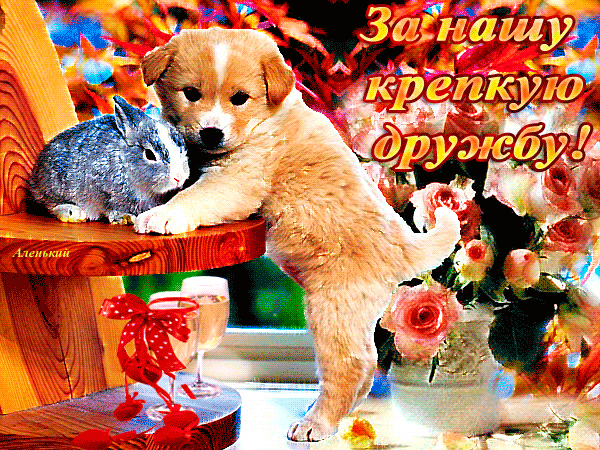 Открытка Открытки о дружбе - Щенок и зайчик на фоне цветов | Красивая открытка #151