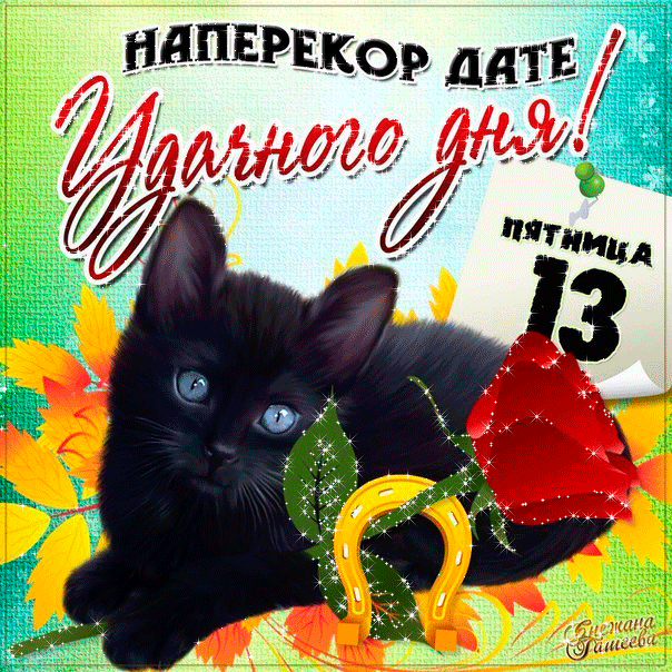 Открытка Открытки на пятницу - Открытка с черным котенком, подковы и осенними листьями | Красивая открытка #255