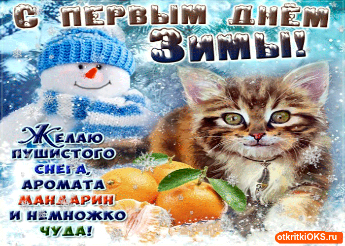 Открытка Первый день зимы - Открытка снеговика и котиков  Новогодние пожелания | Красивая открытка #30