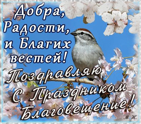 Открытка Открытки с Благовещением - Птица на ветке цветущей вишни. Открытка | Красивая открытка #3