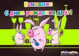 Открытка открытки с именем Вениамин  - Открытка с веселыми поросятами и бокалами. | Красивая открытка #1