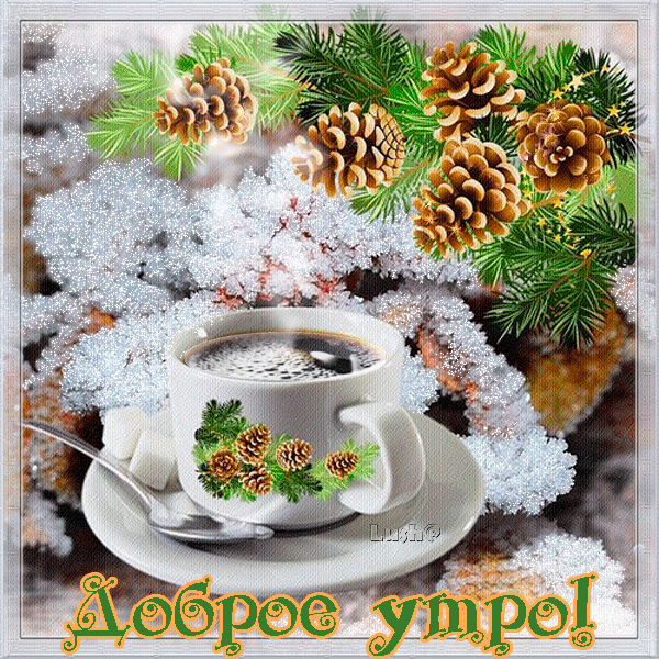 Открытка Доброе утро - Открытка с кофе, шишками и снегом | Красивая открытка #529