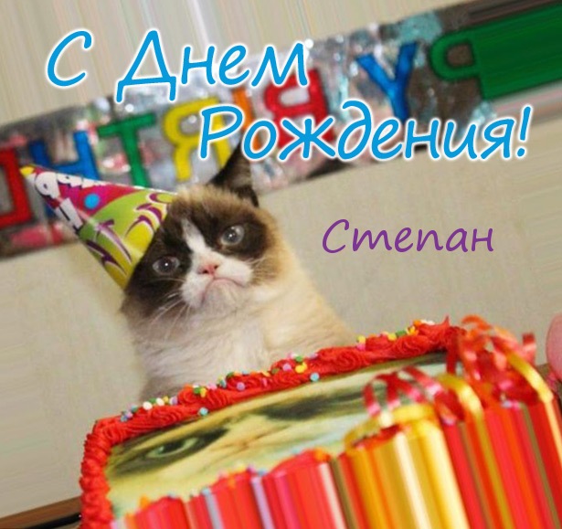 Открытка Открытки с именем Степан - С Днём рождения! Кот в колпаке и торт | Красивая открытка #8