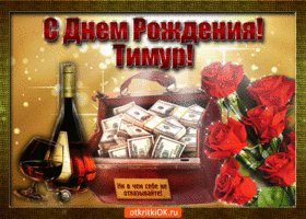 Открытка Открытки с именем Тимур - Открытка с деньгами, виски и розами | Красивая открытка #149