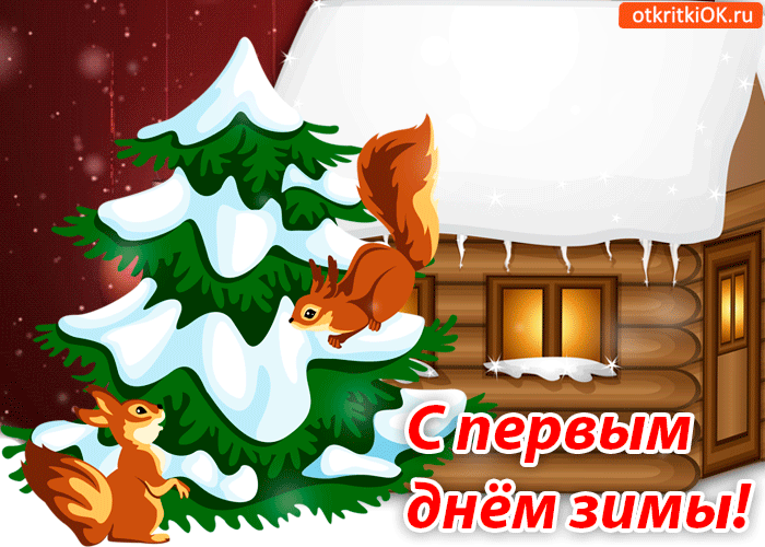 Открытка открытки с первым днем зимы  - Белка на заснеженной елке: поздравительная открытка | Красивая открытка #138