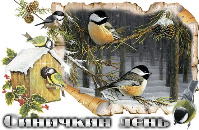 Открытка Синичкин день - Открытка с синичками и зимним лесом | Красивая открытка #9