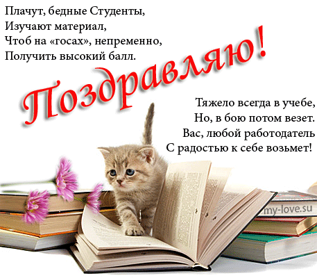 Открытка День студента - Открытка с котенком на книгах  my-love.su | Красивая открытка #5
