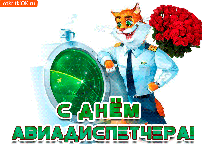 Открытка Открытки на Международный день авиадиспетчера - Открытка с котом-пилотом и цветами | Красивая открытка #17