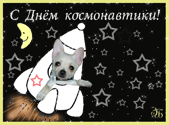 Открытка Открытки с Днем Космонавтики  - Открытка с щенком в космосе: милая собачка в скафандре | Красивая открытка #45