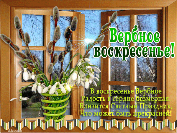 Открытка С вербным воскресеньем - Подснежники у окна: Весенняя открытка с ветками вербы | Красивая открытка #142