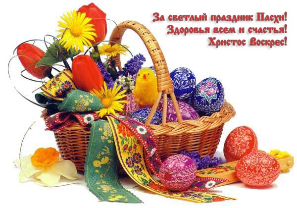 Открытка Пасха - Открытка с Пасхой: Плетёная корзина, цветы и пасхальные яйца | Красивая открытка #79