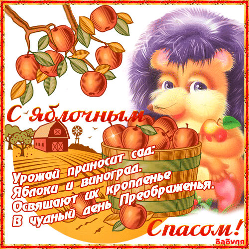 Открытка Открытки с Яблочным Спасом - Открытка с ежом и яблоками: День урожая | Красивая открытка #32