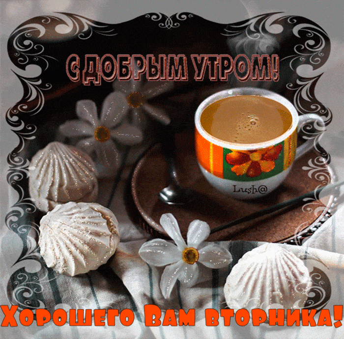 Открытка Доброе утро вторник - Утро с кофе и пирожными - праздничная открытка | Красивая открытка #27