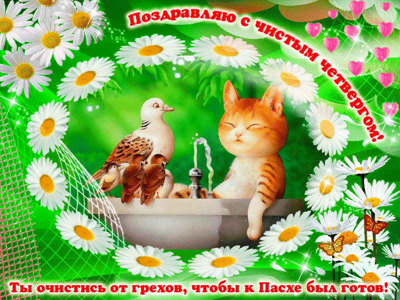 Открытка Открытки с Чистым Четвергом - Котенок и птенцы на фонтане: милая открытка | Красивая открытка #42