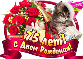 Открытка Открытки на 75 лет - Открытка с днем рождения: котенок, розы, шампанское | Красивая открытка #50