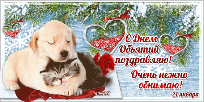 Открытка Открытки с днем объятий - Открытка с щенком и котенком  Снежная нежность | Красивая открытка #82