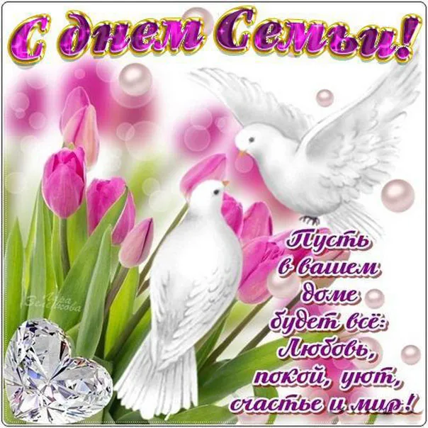 Открытка День семьи - Открытка: Голуби, тюльпаны, блестки | Красивая открытка #161