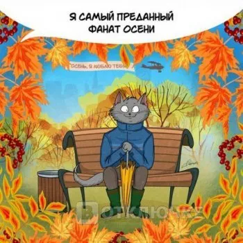 Открытка времена года - Котик с зонтом на скамейке в осеннем парке | Красивая открытка #101