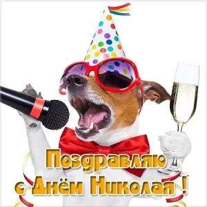 Открытка Открытки с именем Николай   - Собака с микрофоном и бокалом: Открытка с Днём Николая | Красивая открытка #166
