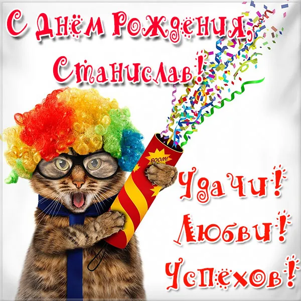 Открытка Открытки с именем Станислав  - С Днём Рождения! Кот в колпаке и с хлопушкой | Красивая открытка #68